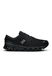 Chaussure de sport noire avec un dessus en tricot texturé, fermeture à lacets et une semelle intermédiaire sculptée avec des pods de cushioning segmentés.
