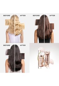 Le immagini di trasformazione dei capelli mostrano texture e colori diversi: biondo mosso prima, marrone liscio dopo. I prodotti in esposizione includono bottiglie e tube di Kérastase.