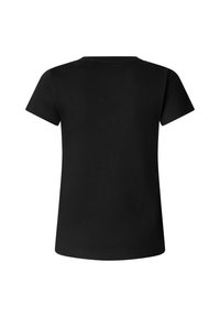 Schwarzes T-Shirt mit kurzen Ärmeln und Rundhalsausschnitt, von hinten gezeigt, mit schlichtem Design und maßgeschneiderter Passform.