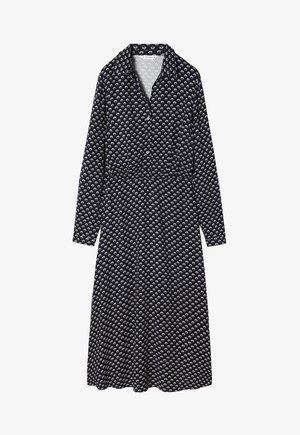 Collared long-sleeve dress in navy fabric featuring a floral pattern in cream, cinched waist, and button closure down the front.