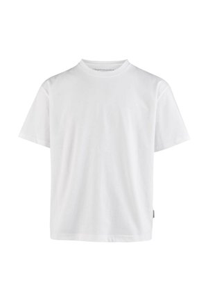 Weißes Baumwoll-T-Shirt mit Rundhalsausschnitt, kurzen Ärmeln und einem dezenten Logo auf der Brust. Glatte Textur und lockere Passform.