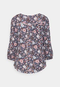 Blusa a maniche lunghe con sfondo blu navy, caratterizzata da un motivo floreale in rosa, blu e marrone, e una finitura bianca sulla parte superiore della schiena.