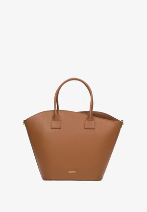 Brązowa skórzana torba typu tote z zaokrąglonym dnem, płaskim dnem i dwoma krótkimi uchwytami. Posiada subtelne logo z przodu i gładką teksturę.