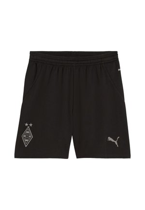 Schwarze Sportshorts mit elastischem Bund, Borussia Mönchengladbach-Logo auf der linken Seite und Puma-Logo auf dem rechten Bein.