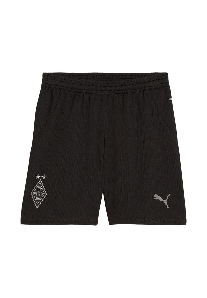 Schwarze Sportshorts mit elastischem Bund, Borussia Mönchengladbach-Logo auf der linken Seite und Puma-Logo auf dem rechten Bein.