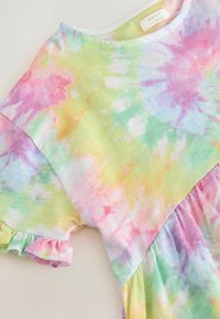 Short-sleeve dress with ruffled cuffs featuring pastel tie-dye pattern in pink, yellow, green, and blue shades.