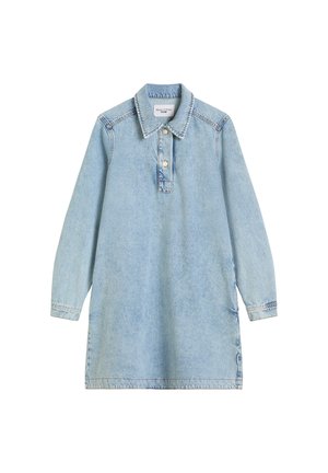 Lichtblauwe denim jurk met een kraag, lange mouwen en knoopsluiting. Heeft een iets losse pasvorm en afgewerkte zoomdetails.