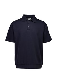 Granatowa koszulka polo z krótkim rękawem, wykonana z mieszanki bawełny, z klasycznym kołnierzykiem, trzema guzikami przy rozporku i ściągaczem na dole.