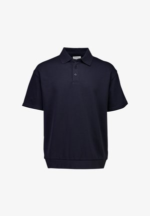 Dunkelblaues Poloshirt mit kurzen Ärmeln, aus Baumwollmischung, mit klassischem Kragen, Dreiknopfleiste und geripptem Saum.