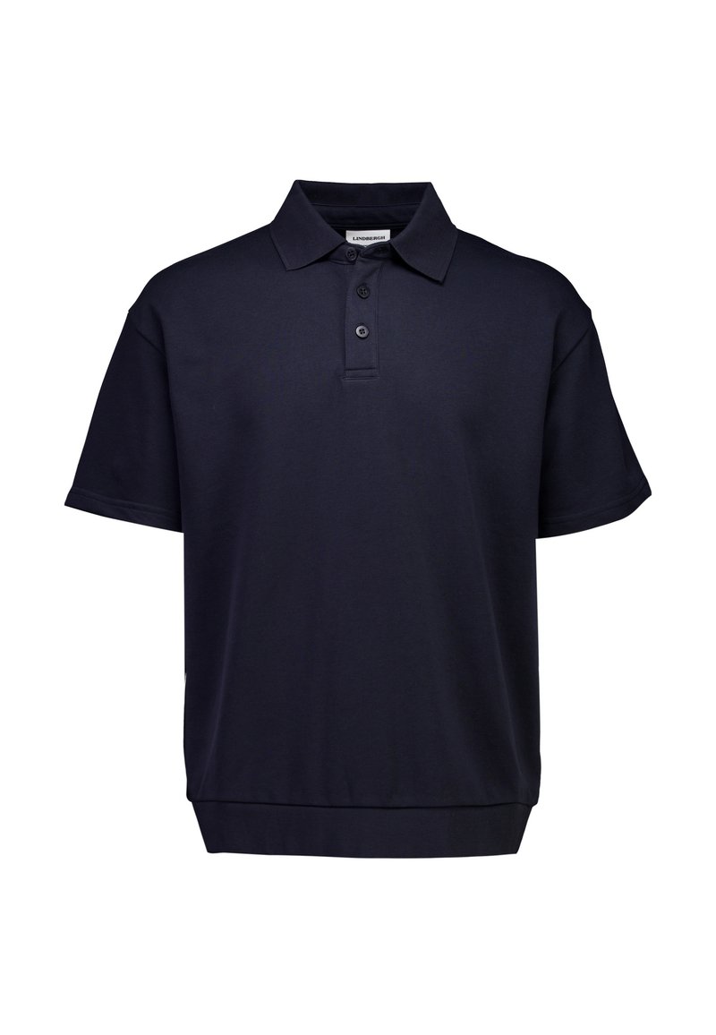 Granatowa koszulka polo z krótkim rękawem, wykonana z mieszanki bawełny, z klasycznym kołnierzykiem, trzema guzikami przy rozporku i ściągaczem na dole.