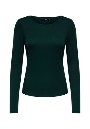 Haut à manches longues côtelé vert foncé avec encolure ronde et coupe ajustée, présenté sur fond blanc.