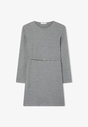Abito di lana grigia con scollo rotondo, maniche lunghe e cintura in tessuto con hardware metallico. Texture liscia e design semplice.