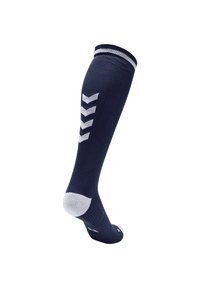 Marinblå knästrumpa, stickad tyg, med vita zickzackmönster, ribbat topp och kontrasterande grå häl och tå.