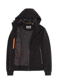 Giacca nera con cappuccio, realizzata in un materiale esterno liscio, dettagli con tasca zip arancione, interno foderato e polsini elastici alle maniche e all'orlo.