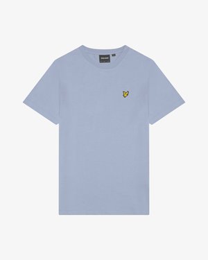 Svjetloplava majica s kratkim rukavima i okruglim izrezom, s malim žutim i crnim logotipom ptice na lijevoj strani prsnog dijela.