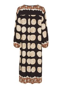 Lång svart klänning med beige cirkulära mönster, som har geometriska och tribalmönster på axlarna, ärmarna och nederkanten.