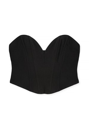 Top corsetto nero con scollatura a cuore, cuciture strutturate e silhouette aderente. Tessuto liscio con zip invisibile sul retro.