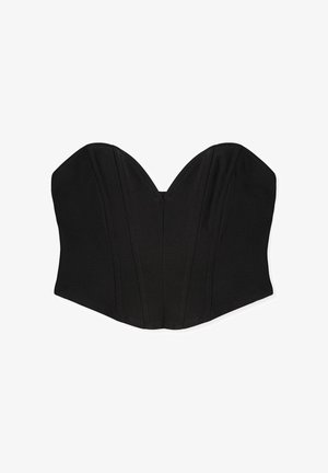 Top corsetto nero con scollatura a cuore, cuciture strutturate e silhouette aderente. Tessuto liscio con zip invisibile sul retro.