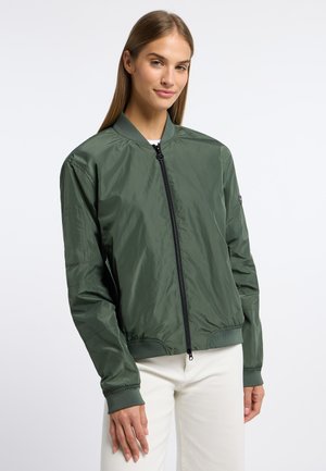 Green bomber jacket made of lightweight material, featuring a front zipper, ribbed cuffs, and a casual fit. White background.