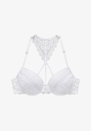 White lace bra with molded cups, vertical lace detailing, and adjustable straps. Back features a lace design with a scalloped edge.