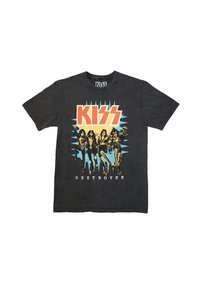 Black cotton t-shirt featuring a colorful graphic print of the band KISS with the word "DESTROYER" below, set against a blue background.