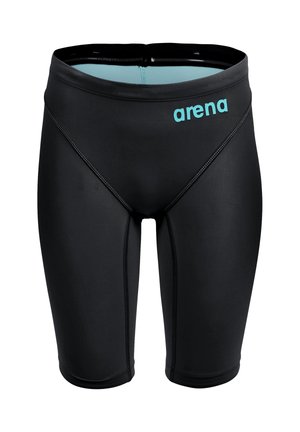 Schwarze knielange Schwimm-Jammer mit hellblauem Innenbund und "arena"-Logo in Hellblau auf der rechten Vorderseite der Hüfte.