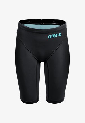 Schwarze knielange Schwimm-Jammer mit hellblauem Innenbund und "arena"-Logo in Hellblau auf der rechten Vorderseite der Hüfte.