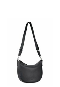 Sac à bandoulière en cuir noir avec une forme courbée, une sangle ajustable et une fermeture éclair. Présente une texture subtile et des ferrures argentées élégantes.