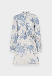 Rochie cu imprimeu floral, cu mâneci lungi, guler, închidere cu nasturi, talie strânsă și material ușor în nuanțe de albastru și alb.