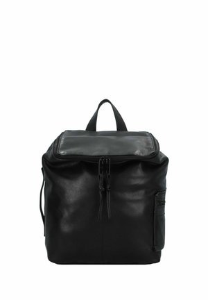 Schwarzer Leder-Rucksack mit rechteckiger Form, einem Handgriff oben, Reißverschluss und einer Seitentasche mit horizontalen Nähdetails.
