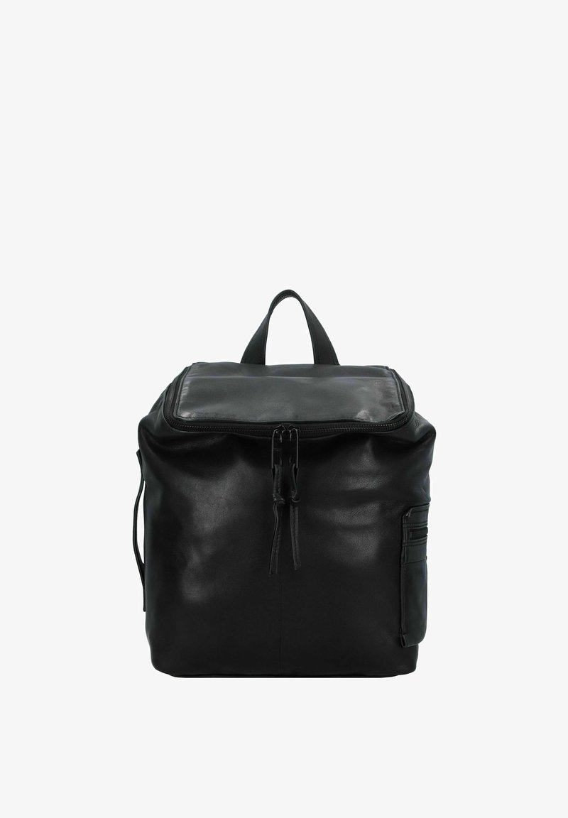 Zaino in pelle nera con forma rettangolare, manico superiore, chiusura con zip e tasca laterale con dettagli di cucitura orizzontale.