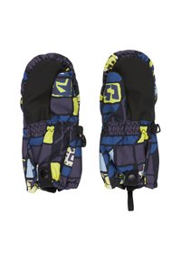 Kleurige wanten met een geometrisch patroon en accenten in blauw, geel en zwart. Aangetrokken manchetten met zwarte hardware voor een veilige pasvorm.