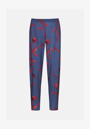 Blauwe leggings met een bloemenpatroon in rode en oranje tinten; zacht materiaal met een elastische tailleband, taps toelopende fit en zonder zichtbare hardware.