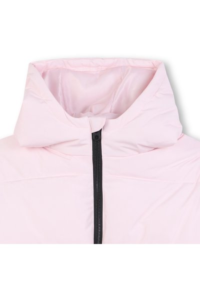 Light pink puffer jacket with a high collar, black front zipper, and smooth, glossy finish. Features a quilted design and no visible hardware.