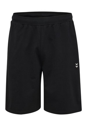 Sorte knælange sportsshorts med elastisk linning og lille hvidt dobbelt chevron-logo på højre lår.