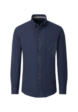 Dunkelblaues Hemd mit langen Ärmeln und Knopfleiste, aus strukturiertem Material, mit einer Brusttasche und einem kontrastierenden, gemusterten Krageninnenbereich.