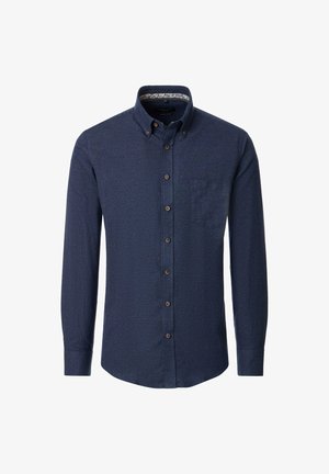Dunkelblaues Hemd mit langen Ärmeln und Knopfleiste, aus strukturiertem Material, mit einer Brusttasche und einem kontrastierenden, gemusterten Krageninnenbereich.