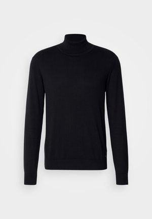 Pulover negru cu guler înalt din țesătură moale. Prezintă mâneci lungi, guler și mansete cu model elastic, având o textură netedă și fără modele.