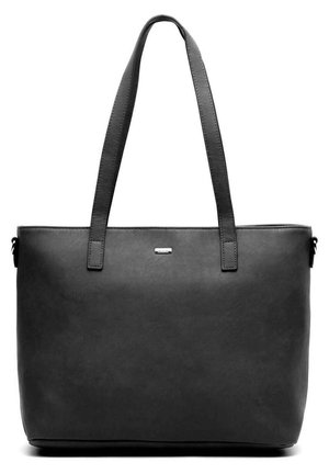 Bolso tote rectangular negro con dos asas largas y una pequeña placa metálica con logo en el centro delantero.