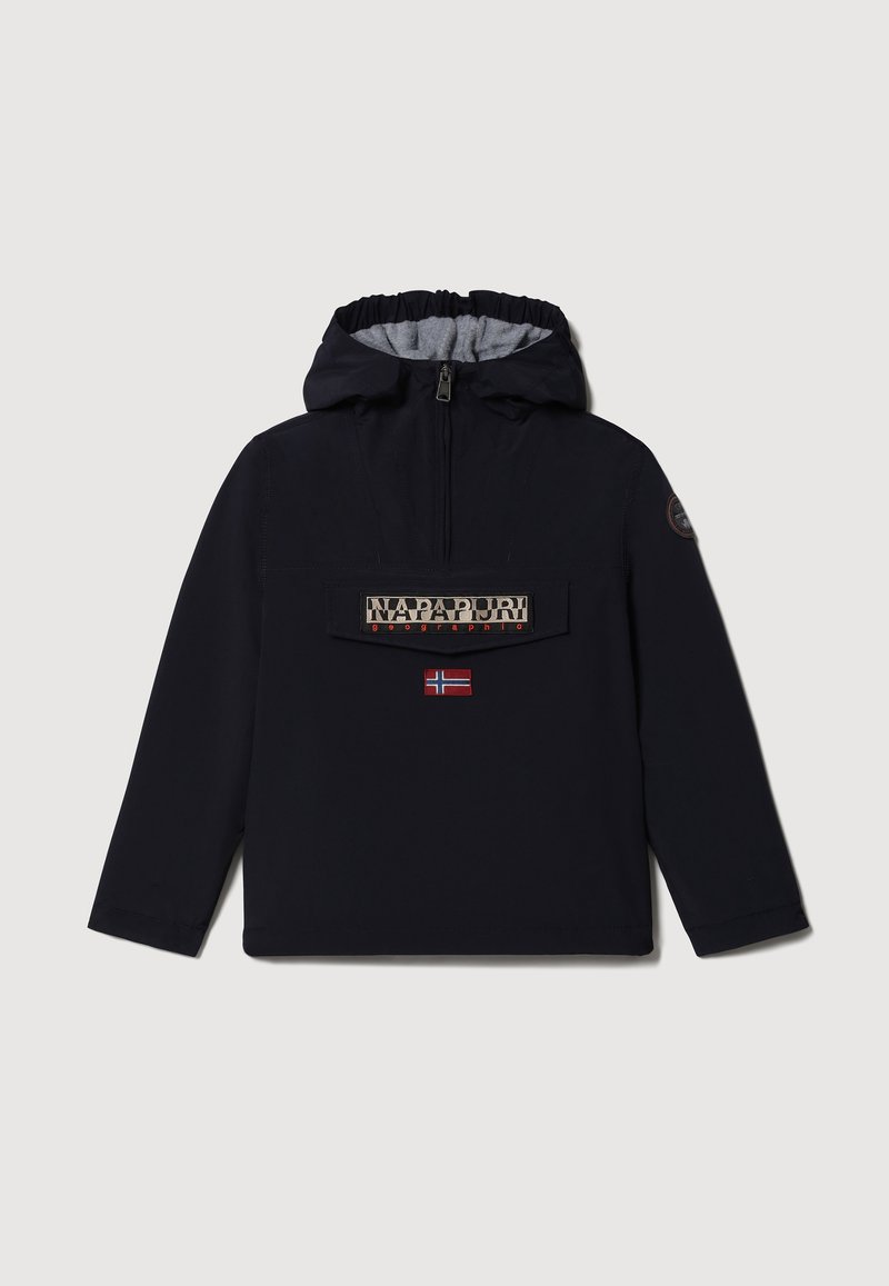 Navyblauwe pulloverjas met capuchon, voorrits, elastische manchetten, met een groot logo-opdruk en een klein Noors vlaggetje.
