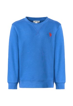 Felpa blu a maniche lunghe con scollo rotondo, polsini e orlo a costine, con un piccolo logo rosso ricamato sul petto a sinistra.