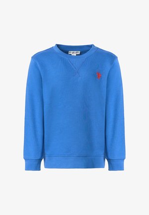 Felpa blu a maniche lunghe con scollo rotondo, polsini e orlo a costine, con un piccolo logo rosso ricamato sul petto a sinistra.