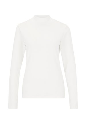 Witte lange mouwen top met een hoge halslijn, gemaakt van een gladde katoenmix stof. Heeft een getailleerde pasvorm en een minimalistisch ontwerp.