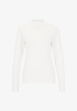 Biała bluzka z długim rękawem i wysokim dekoltem, wykonana z gładkiej mieszanki bawełny. Ma dopasowany krój i minimalistyczny design.