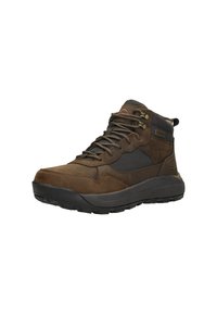 Zapato alto de cuero marrón y malla con acentos grises, punta redonda, cierre de cordones y suela de goma texturizada. Presenta un collar acolchado y un logo.
