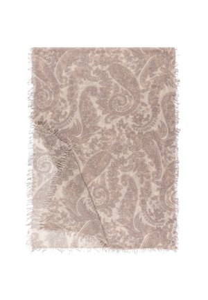 Paisley-patterned scarf in light beige with fringed edges, made of soft fabric, featuring intricate floral designs.