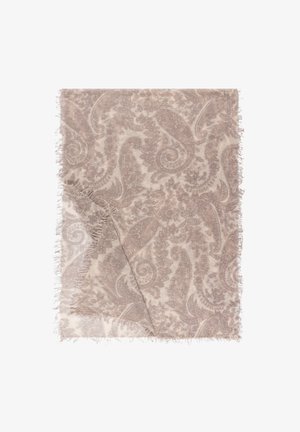 Ein paisley-musterter Schal in hellem Beige mit Fransen, aus weichem Stoff gefertigt, mit aufwendigen Blumendesigns.