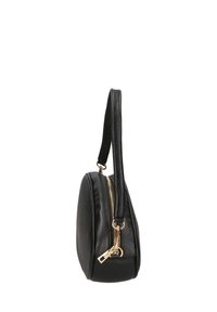 Borsa a mano in pelle nera con una forma strutturata, presente una cerniera dorata e un manico singolo. Superficie texturizzata con minimi dettagli in metallo.