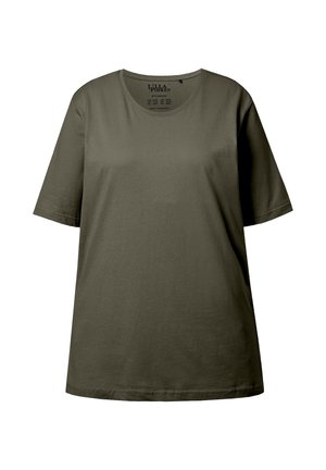 Khakifarbenes T-Shirt aus Baumwolle mit Rundhalsausschnitt und kurzen Ärmeln. Glatte Textur, lockere Passform und keine sichtbaren Muster oder Verzierungen.