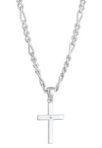 Collana in argento con pendente a croce allungato, finitura lucida, argento sterling 925, design a maglie con accenti testurizzati.